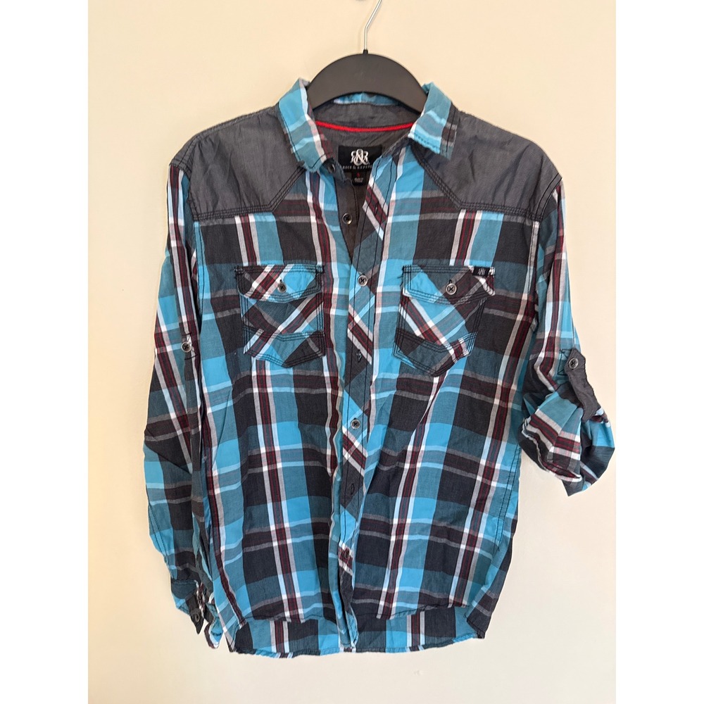 Rock & Republic Mens Plaid Button Down Shirt Blue Black Grey Roll Tab Sleeve S